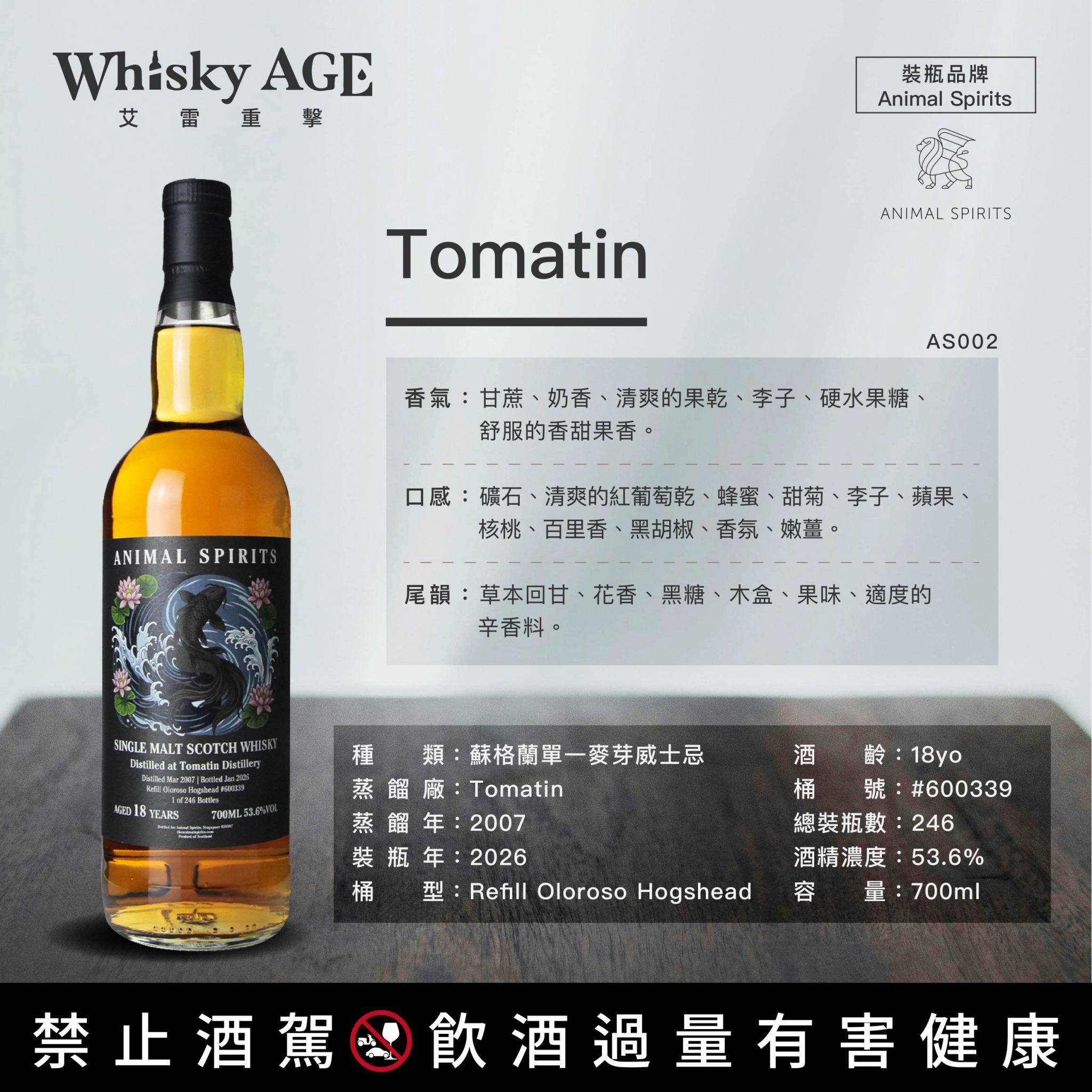 艾雷重擊 Animal Spirits, Tomatin, 2007, 2026, 18yo, Refill Oloroso Hogshead, 53.6%:圖片 2
